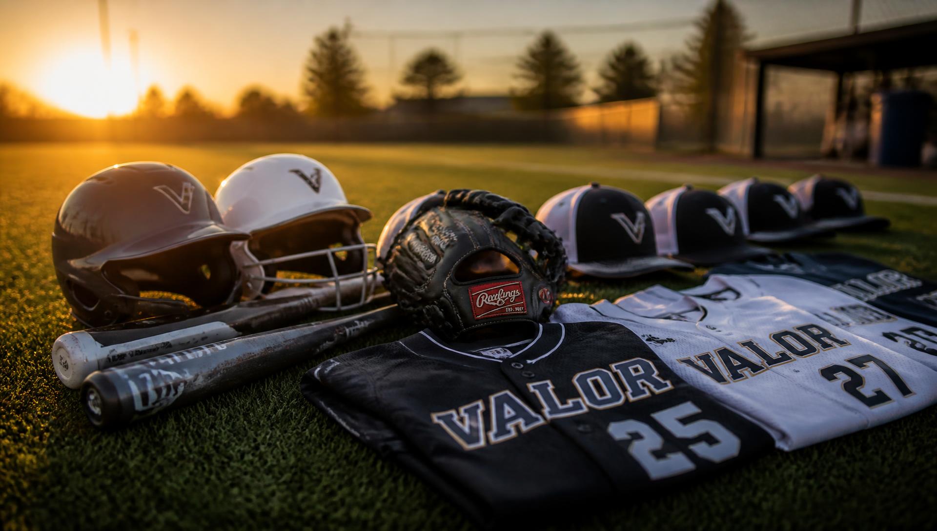 Custom team jerseys, helmets, caps and bats laid out on a turf field at sunset
